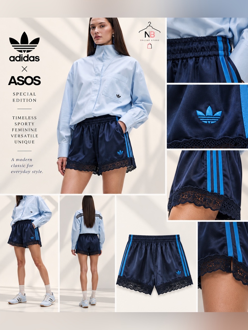 adidas Originals x ASOS regular fit lace hem shorts in navy satin